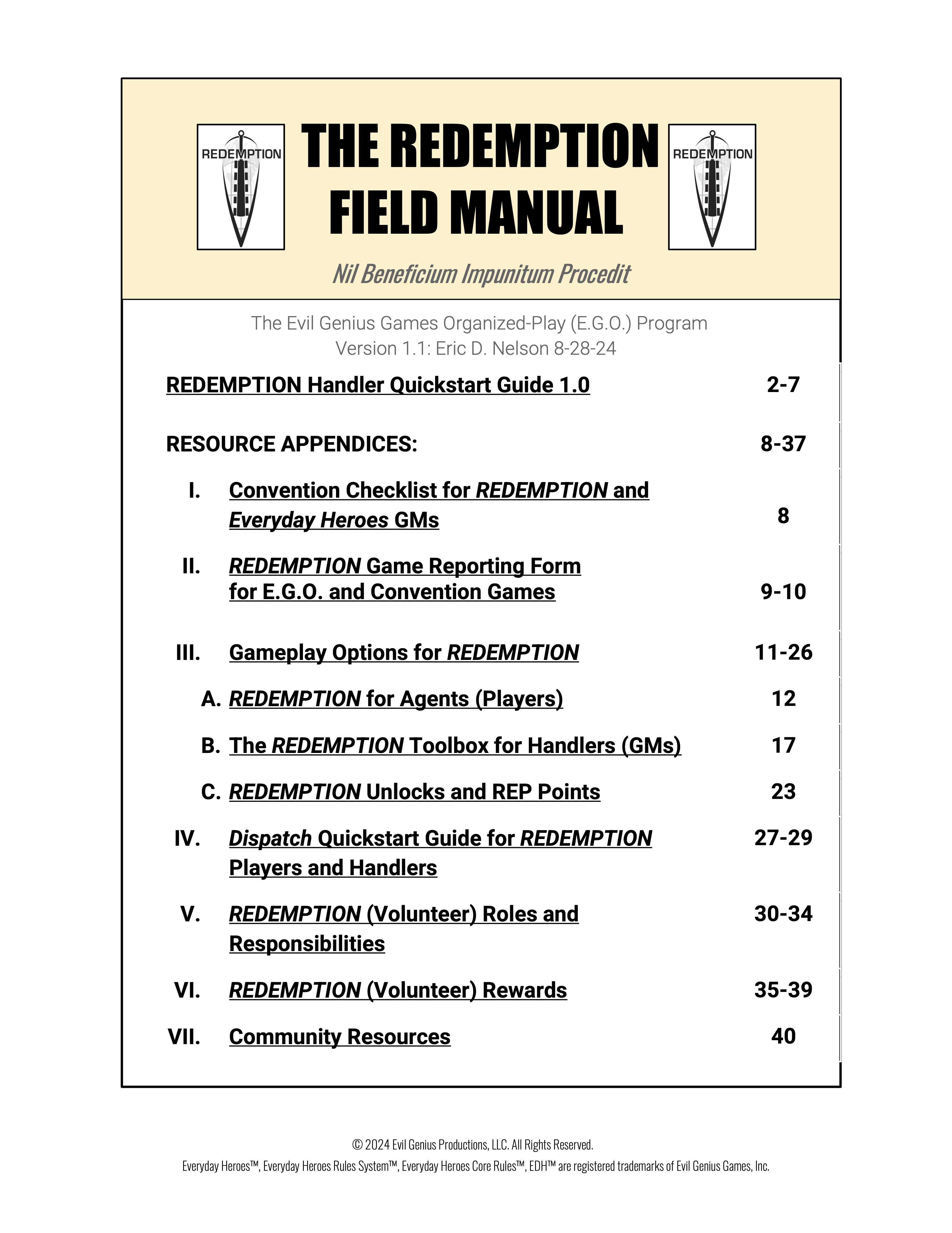 The REDEMPTION Field Manual 1.1 - Includes new Dispatch Guide, revised Gameplay Options, and more!